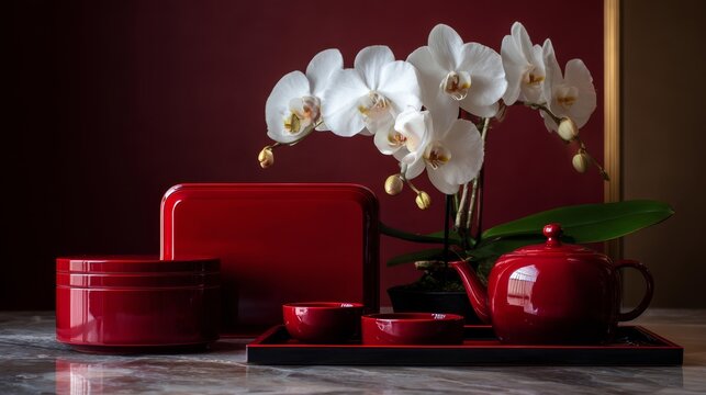 Traditional tea ceremony setup with red lacquer boxes and blooming orchids
