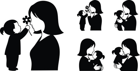 Flat design black silhouette set of mother and daughter moments with flower gift hugging and kissing poses for mothers day celebration on white background vector art