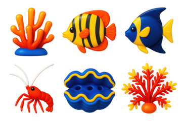 Set of six colorful fish and sea creatures, including a crab, a fish, a shell