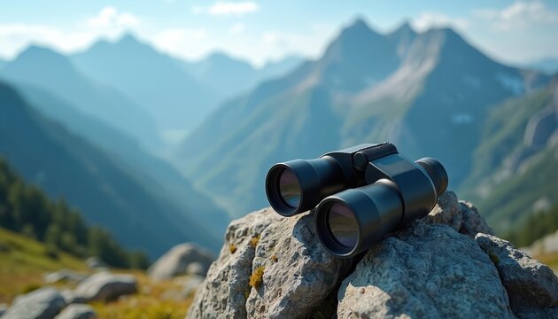 Modern black binoculars rest on mountain rock. Vast blue layered mountain range extends into deep valley. Bright summer nature landscape for travel, hiking, adventure, outdoor exploration. Observe