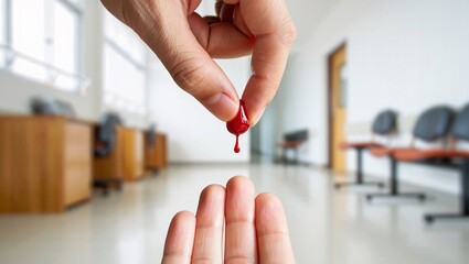 Blood drop falling from finger to hand for medical test