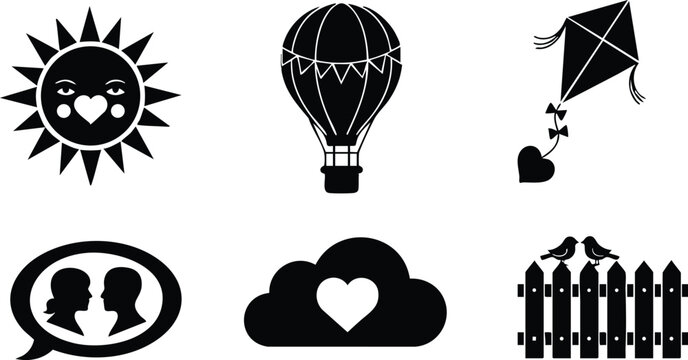 Minimalist love icons set with black sun face hot air balloon kite cloud heart birds on fence and couple chat silhouettes for valentines day romance