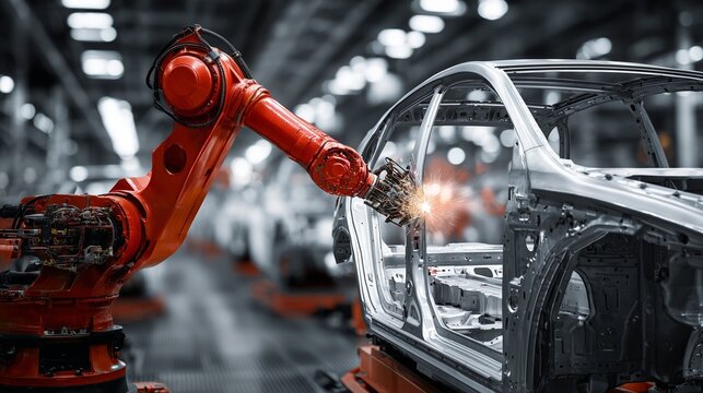 Robotic arm welding car frame in modern automotive manufacturing facility with advanced technology