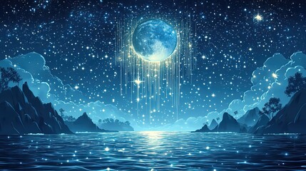 Starry Night Sky with Full Moon over Serene Lake and Mountains