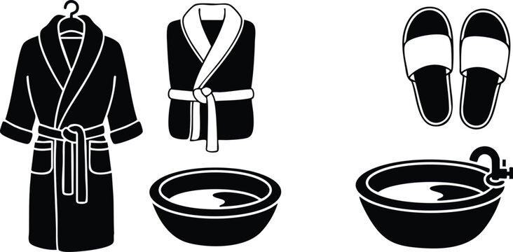 Minimal spa vector art with black bathrobe on hanger matching robe slippers and two round basins with water and faucet in simple silhouette style