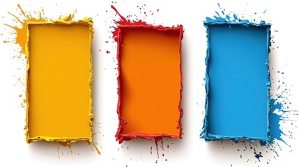 Set of Three Rectangular Frames with Colorful Paint Splashes in Yellow, Orange, and Blue