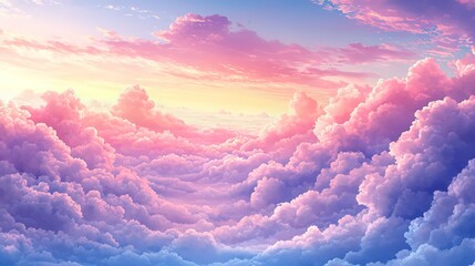 Vast Sky with Fluffy Clouds at Sunset in Soft Pastel Hues
