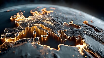 Stunning illuminated map of Europe with glowing city lights, perfect for illustrating global connectivity, data visualization, and international business
