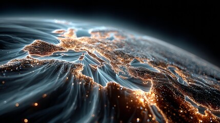 Abstract visualization of global network with glowing city lights, representing data flow, communication, and connectivity across the world