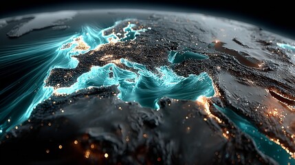 Global network connectivity visualized with stunning glowing lines and city lights, perfect for tech, data, and communication concepts