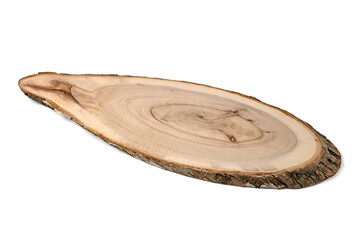 Empty oval wooden cutting board isolated on white background.