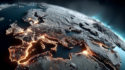 Stunning illuminated Earth map showcasing global connectivity, data flow, and modern communication networks with dynamic light effects.