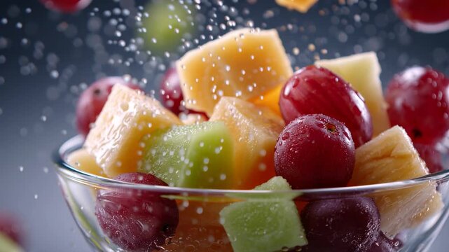 ultra-realistic slow-motion close-up of five different fruits falling gently into an empty clear glass bowl with NO water. Fruits include: apple cubes, guava pieces, pineapple chunks, honeydew cubes,