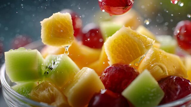 ultra-realistic slow-motion close-up of five different fruits falling gently into an empty clear glass bowl with NO water. Fruits include: apple cubes, guava pieces, pineapple chunks, honeydew cubes,