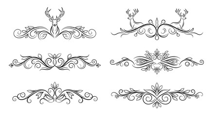 Fototapeta premium Elegant decorative dividers featuring deer and intricate floral designs on a white background