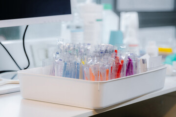 A set of mini toothbrushes on a table in dentistry.
