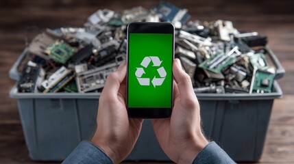 Hands holding smartphone displaying recycling symbol in front of electronic waste collection bin