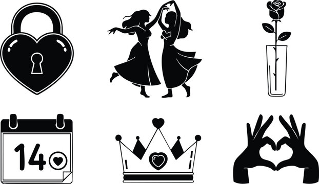 Flat black vector art set of valentines day icons with heart lock dancing couple rose calendar date crown and hand heart gesture on white background