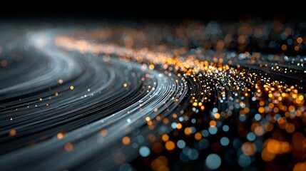 Abstract flowing lines with glowing particles create a dynamic visual of data streams and digital connections, perfect for modern tech concepts