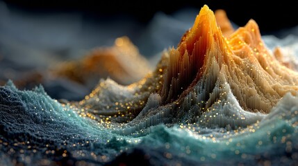 Abstract data visualization of mountains with glowing particles, perfect for technology concepts, data analysis, and modern design projects