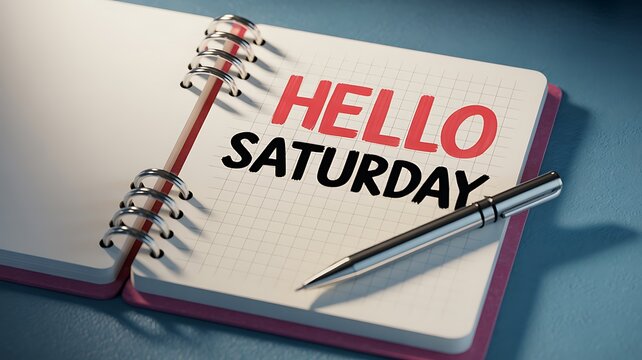 Hello Saturday message on notebook with pen ready for writing notes