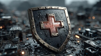 Advanced cybersecurity shield protecting digital infrastructure from cyber threats in a futuristic tech landscape, symbolizing data security and resilience