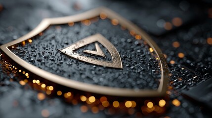 Modern golden shield emblem glows, providing security and data protection for your digital business with advanced technology and safety online