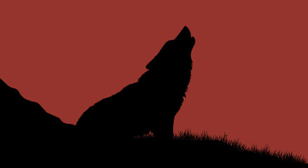 Naklejka premium Silhouette of a howling wolf against a red background in a dramatic and powerful style