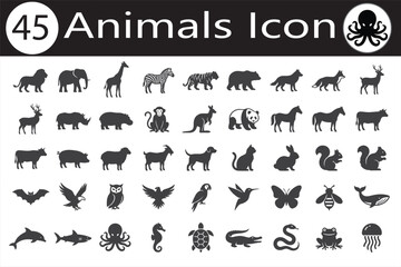 Obraz premium Collection of animal silhouettes in black and white isolated on white background ideal for graphic design projects