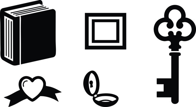 Flat icon set of black book picture frame vintage key heart ribbon and open locket arranged in two rows on white background minimal silhouette style