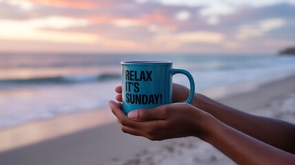 Relaxing Sunday at the beach with cup of coffee or tea