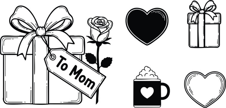 Black and white vector art of mothers day gift box with to mom tag rose heart icons and cocoa mug for celebration coloring pages