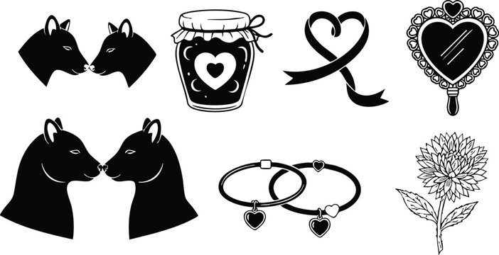 Romantic vector art of kissing fox and cat couples with heart jam jar ribbon mirror bracelets and chrysanthemum flower in black silhouette style for valentines day