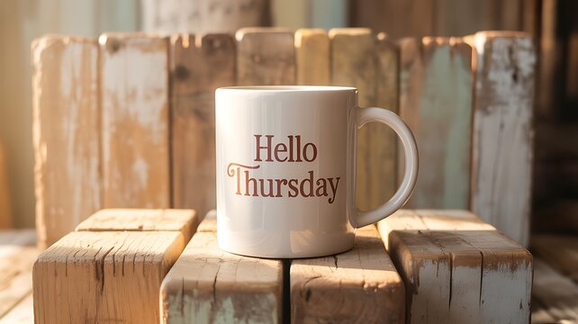 Rustic Hello Thursday Coffee Mug on Wooden Blocks Still Life - Powered by Adobe