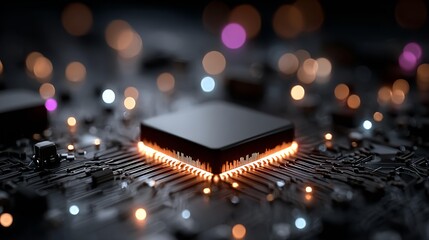 Dynamic glowing central processor on intricate circuit board with vibrant bokeh lights, representing advanced technology and innovation
