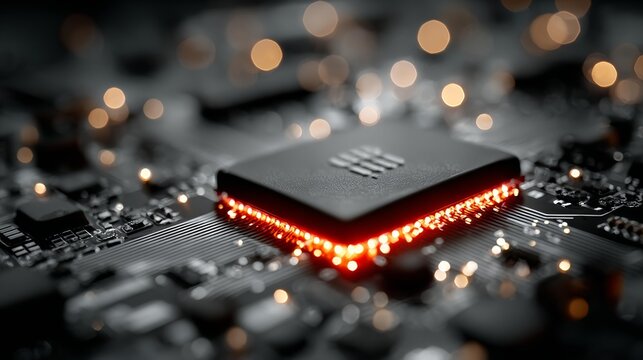 Stunning macro shot of glowing computer chip on circuit board, symbolizing advanced technology and innovation