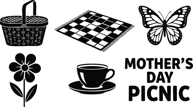 Flat black vector art of mothers day picnic icons with basket blanket butterfly flower and coffee cup arranged around bold holiday text on white background