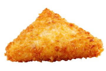 Crispy golden triangle hash brown isolated on transparent background. Golden fried triangle hash brown isolated on white background.
