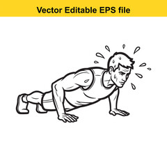 Fototapeta premium Man doing push up exercise in black and white line art style, sweating during intense workout, isolated on white background