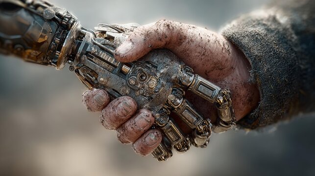 Human and robotic hand shake forging a powerful future of partnership and innovation in a gritty, industrial setting
