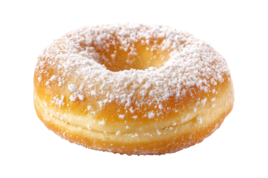 Delicious powdered sugar donut isolated on transparent background. Sweet donut with colorful sprinkles isolated on white background.