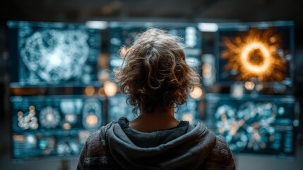 Obraz premium Intrigued hacker analyzes complex data streams on multiple glowing screens, immersing in digital world of information and mystery.