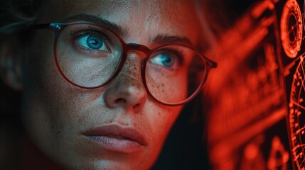 Intense scientist with bright blue eyes and freckles intently studies complex data on a glowing futuristic interface under red ambient light.