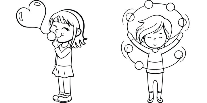 Playful Child and Girl Blowing Bubbles and Juggling: Fun Lineart Activity