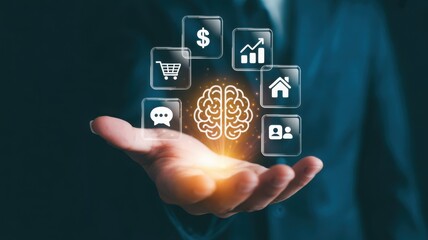 A person holding virtual icons representing business and technology. It reflects the convergence of business and tech innovation.