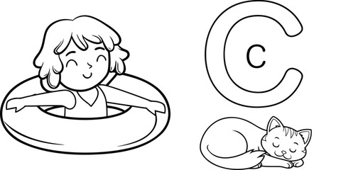 Happy Cartoon Child, Sleeping Cat, and Letter C Outline Drawing for Education