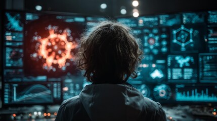 Brilliant scientist analyzes complex data streams on futuristic holographic displays, unlocking critical insights in a high-tech research lab.