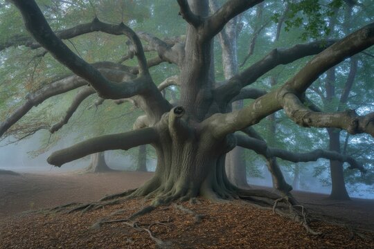 Ancient gnarled oak tree with sprawling branches in dense morning fog image