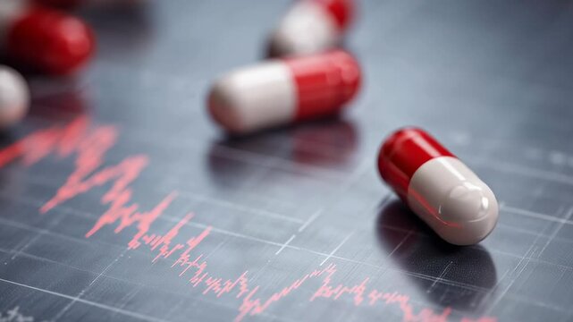 A few red and white pills are on a graph with a downward trend. The pills are arranged in a row, with one pill in the middle and two on either side. The graph shows a decrease in something