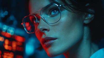 Intense gaze of a focused woman wearing glasses, illuminated by vibrant neon lights in a futuristic, tech-driven environment